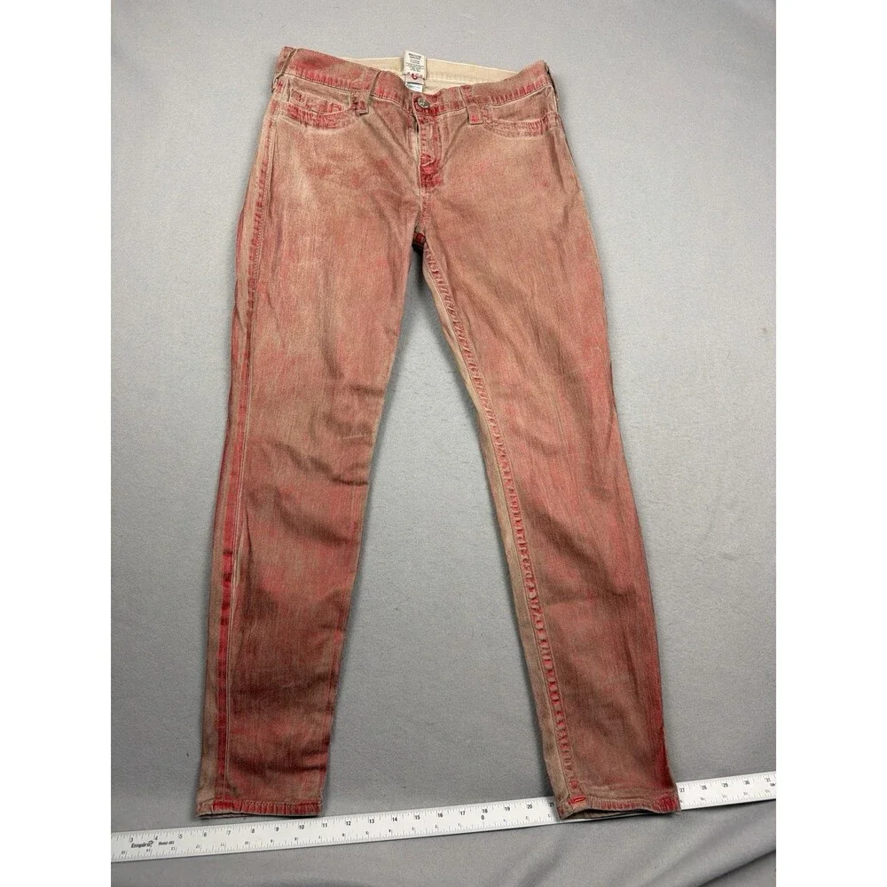 True Religion Halle Mid Rise Super Skinny Jeans Sz 32 Red Acid Wash